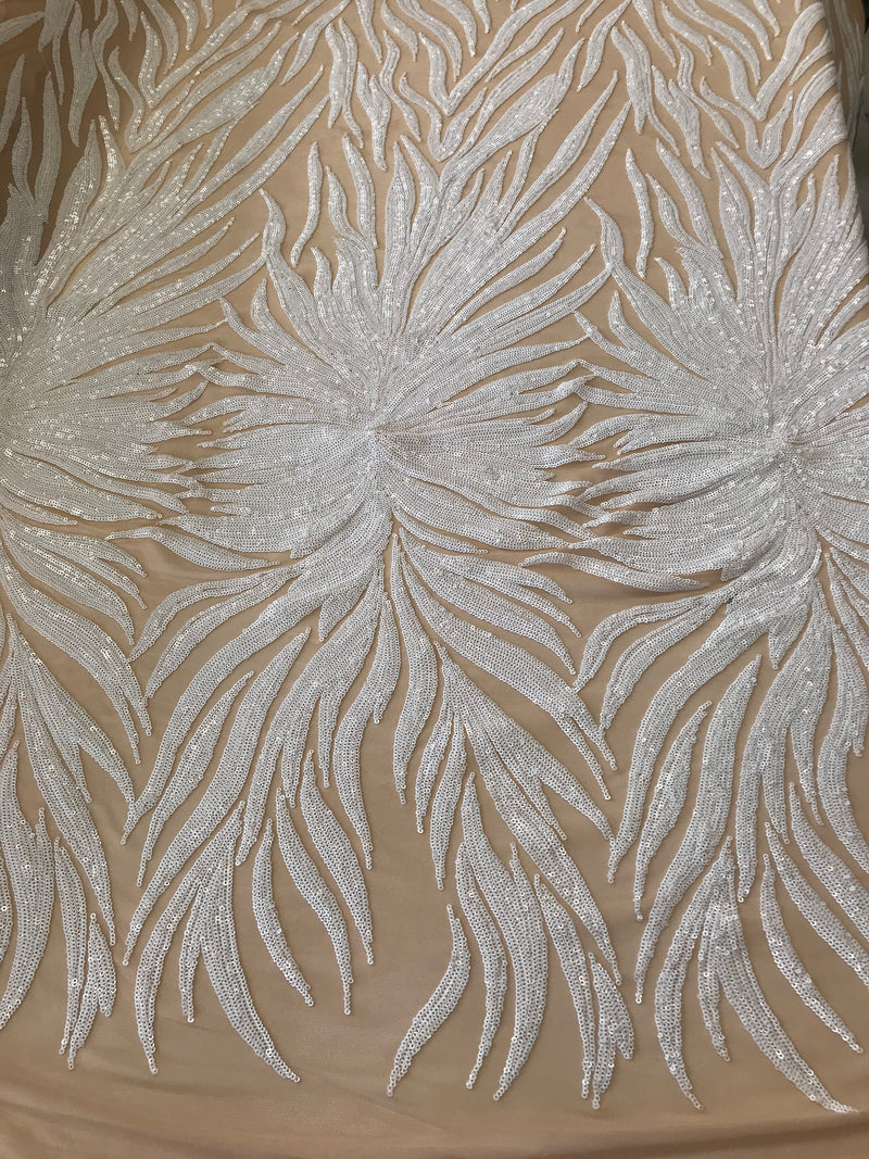 Phoenix Feather Sequins - White -  4 Way Stretch Phoenix Pattern Top Fashion Design Fabric