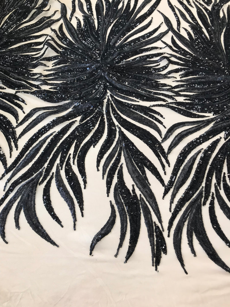 Phoenix Feather Sequins - Black-  4 Way Stretch Phoenix Pattern Top Fashion Design Fabric