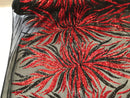 Phoenix Feather Sequins - Red/ Black -  4 Way Stretch Phoenix Pattern Top Fashion Design Fabric