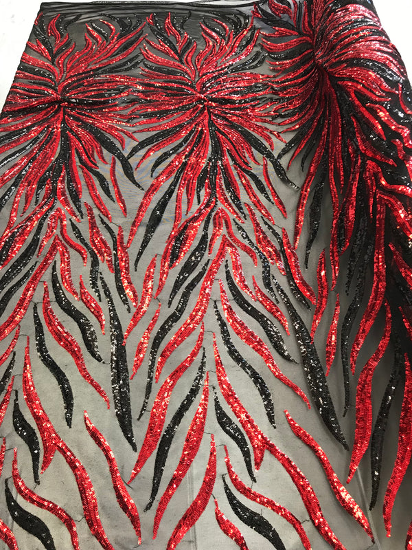 Phoenix Feather Sequins - Red/ Black -  4 Way Stretch Phoenix Pattern Top Fashion Design Fabric