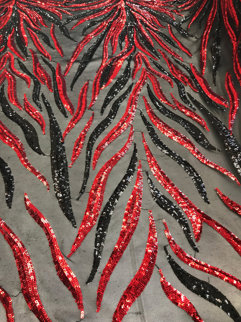 Phoenix Feather Sequins - Red/ Black -  4 Way Stretch Phoenix Pattern Top Fashion Design Fabric