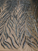 Phoenix Feather Sequins - Silver -  4 Way Stretch Phoenix Pattern Top Fashion Design Fabric