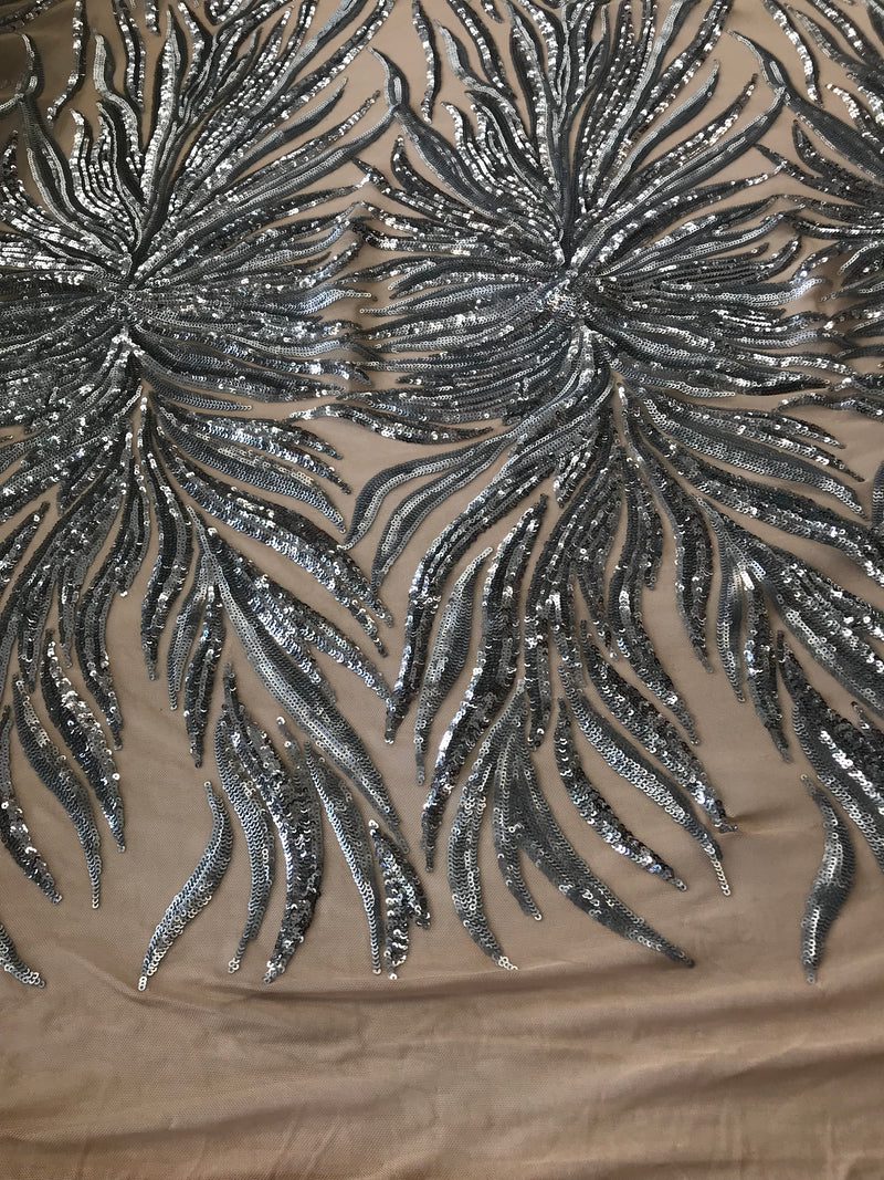 Phoenix Feather Sequins - Silver -  4 Way Stretch Phoenix Pattern Top Fashion Design Fabric