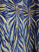 Phoenix Feather Sequins - Royal Blue / Gold 4 Way Stretch Phoenix Pattern Top Fashion Design Fabric