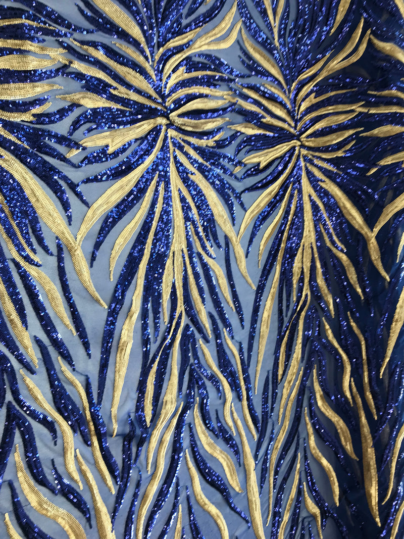 Phoenix Feather Sequins - Royal Blue / Gold 4 Way Stretch Phoenix Pattern Top Fashion Design Fabric
