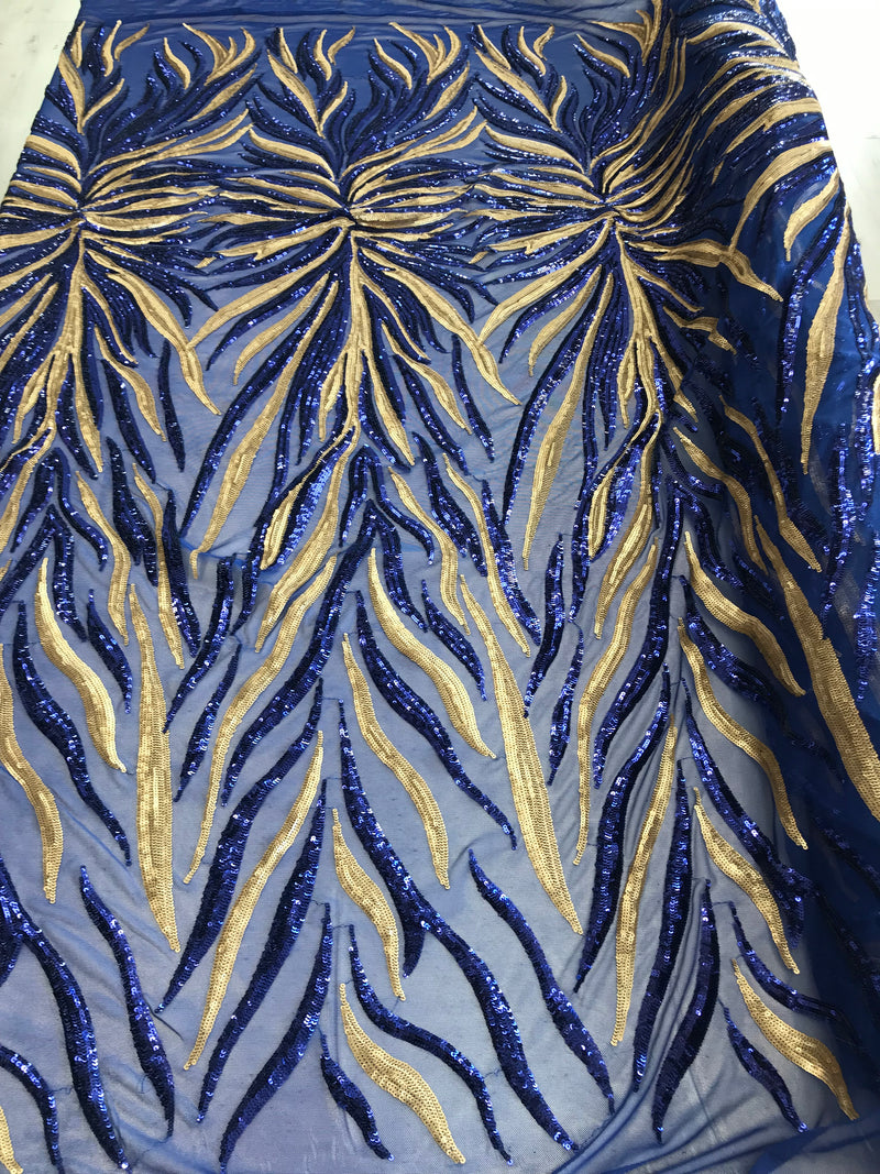 Phoenix Feather Sequins - Royal Blue / Gold 4 Way Stretch Phoenix Pattern Top Fashion Design Fabric