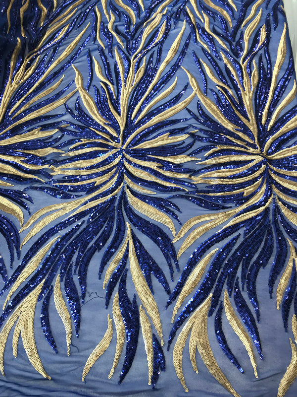 Phoenix Feather Sequins - Royal Blue / Gold 4 Way Stretch Phoenix Pattern Top Fashion Design Fabric