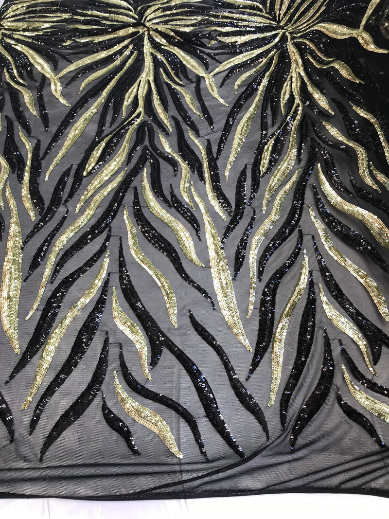 Phoenix Feather Sequins - Light Gold / Black 4 Way Stretch Phoenix Pattern Top Fashion Design Fabric