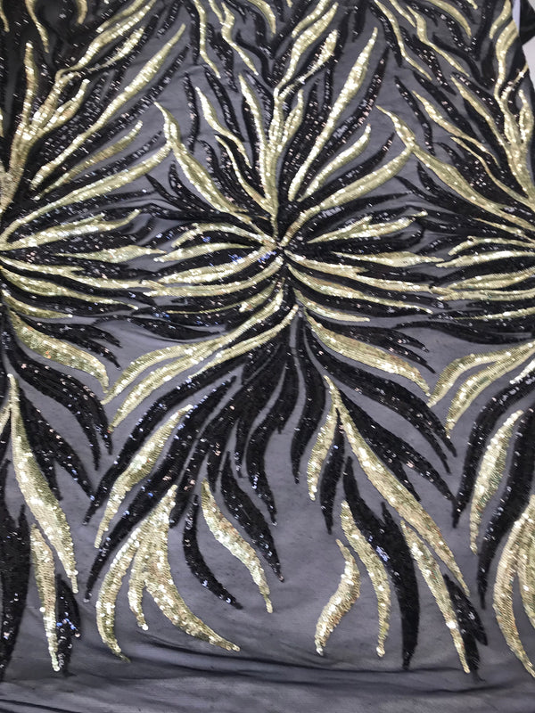 Phoenix Feather Sequins - Light Gold / Black 4 Way Stretch Phoenix Pattern Top Fashion Design Fabric