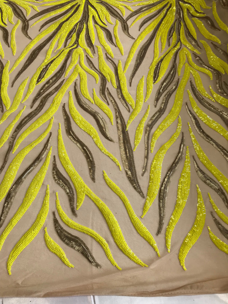 Phoenix Feather Sequins - Yellow / Matte Gold - 4 Way Stretch Phoenix Pattern  Fashion Design Fabric