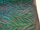 Phoenix Feather Sequins - Jade Blue / Green - 4 Way Stretch Phoenix Pattern Fashion Design Fabric