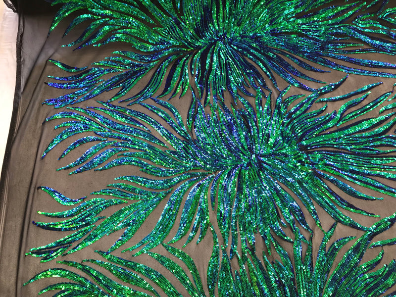 Phoenix Feather Sequins - Jade Blue / Green - 4 Way Stretch Phoenix Pattern Fashion Design Fabric