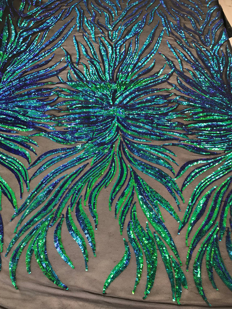 Phoenix Feather Sequins - Jade Blue / Green - 4 Way Stretch Phoenix Pattern Fashion Design Fabric