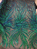 Phoenix Feather Sequins - Jade Blue / Green - 4 Way Stretch Phoenix Pattern Fashion Design Fabric