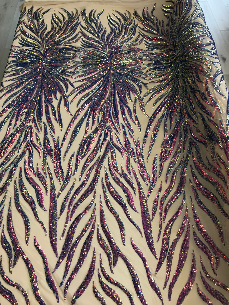 Phoenix Feather Sequins - Iridescent Lavender - 4 Way Stretch Phoenix Pattern Fashion Design Fabric