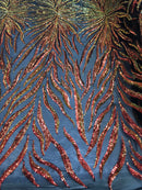 Phoenix Feather Sequins - Iridescent Orange - 4 Way Stretch Phoenix Pattern Fashion Design Fabric