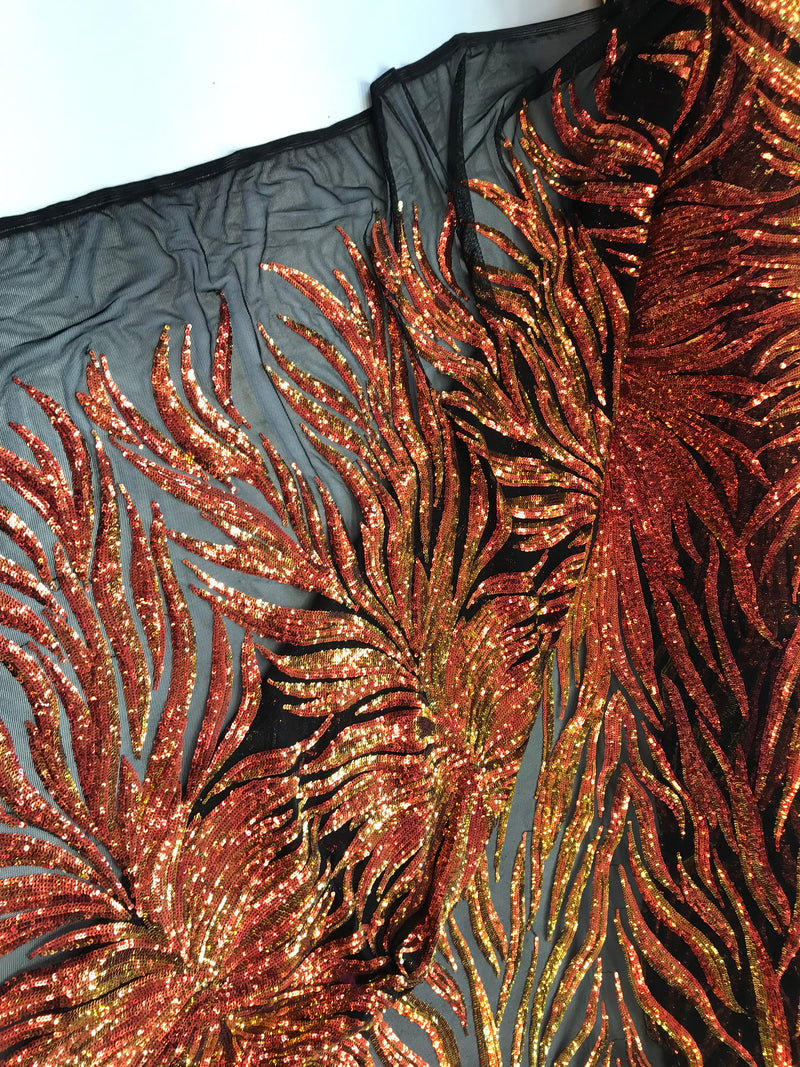 Phoenix Feather Sequins - Iridescent Orange - 4 Way Stretch Phoenix Pattern Fashion Design Fabric