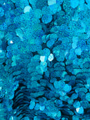Circle Sequins - Hologram Blue - Multi-Color Big Sequins On Mesh Fabric Sold By The Yard