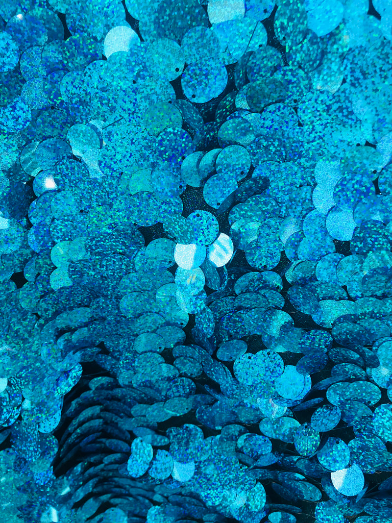 Circle Sequins - Hologram Blue - Multi-Color Big Sequins On Mesh Fabric Sold By The Yard