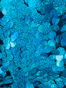 Circle Sequins - Hologram Blue - Multi-Color Big Sequins On Mesh Fabric Sold By The Yard