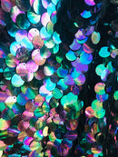 Circle Sequins - Iridescent Black - Multi-Color Big Sequins On Mesh Fabric Sold By The Yard