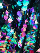 Circle Sequins - Iridescent Black - Multi-Color Big Sequins On Mesh Fabric Sold By The Yard