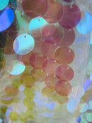 Circle Sequins - Iridescent Pink - Multi-Color Big Sequins On Mesh Fabric Sold By The Yard