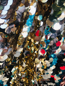 Circle Sequins -  Iridescent Gold - Multi-Color Big Sequins On Mesh Fabric Sold By The Yard
