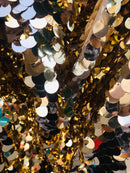 Circle Sequins -  Iridescent Gold - Multi-Color Big Sequins On Mesh Fabric Sold By The Yard
