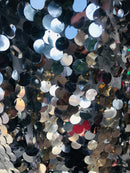 Circle Sequins - Shiny Silver - Multi-Color Big Sequins On Mesh Fabric Sold By The Yard