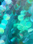 Circle Sequins - Aqua - Multi-Color Big Sequins On Mesh Fabric Sold By The Yard