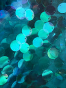 Circle Sequins - Aqua - Multi-Color Big Sequins On Mesh Fabric Sold By The Yard