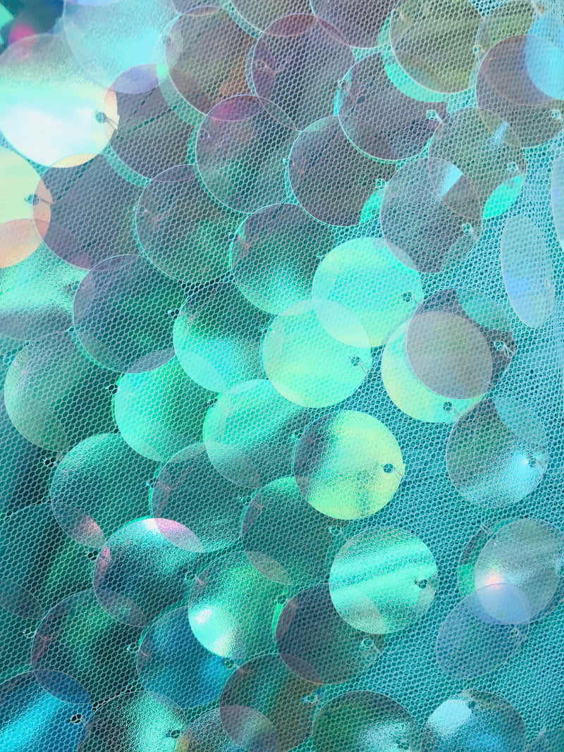 Circle Sequins - Aqua - Multi-Color Big Sequins On Mesh Fabric Sold By The Yard