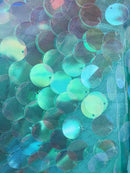 Circle Sequins - Aqua - Multi-Color Big Sequins On Mesh Fabric Sold By The Yard