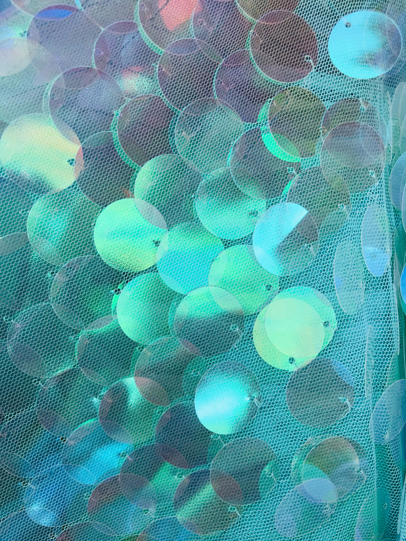 Circle Sequins - Aqua - Multi-Color Big Sequins On Mesh Fabric Sold By The Yard
