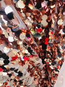 Circle Sequins -  Iridescent Rose Gold - Multi-Color Big Sequins On Mesh Fabric Sold By The Yard