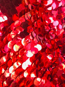 Circle Sequins - Red - Multi-Color Big Sequins On Mesh Fabric Sold By The Yard