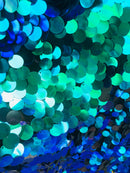 Circle Sequins - Iridescent Blue - Multi-Color Big Sequins On Mesh Fabric Sold By The Yard