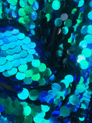 Circle Sequins - Iridescent Blue - Multi-Color Big Sequins On Mesh Fabric Sold By The Yard