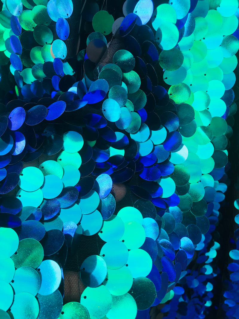 Circle Sequins - Iridescent Blue - Multi-Color Big Sequins On Mesh Fabric Sold By The Yard