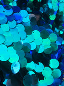 Circle Sequins - Iridescent Blue - Multi-Color Big Sequins On Mesh Fabric Sold By The Yard