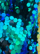 Circle Sequins - Iridescent Blue - Multi-Color Big Sequins On Mesh Fabric Sold By The Yard