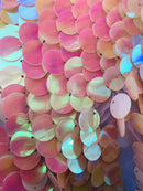 Circle Sequins - Iridescent Peach - Multi-Color Big Sequins On Mesh Fabric Sold By The Yard