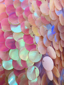 Circle Sequins - Iridescent Peach - Multi-Color Big Sequins On Mesh Fabric Sold By The Yard