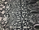 Silver - 4 Way Stretch Embroidered Royalty Sequins Fancy Design Fabric By Yard