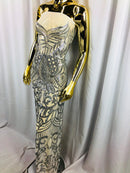 Silver - 4 Way Stretch Embroidered Royalty Sequins Fancy Design Fabric By Yard