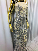 Silver - 4 Way Stretch Embroidered Royalty Sequins Fancy Design Fabric By Yard