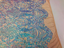 Iridescent Sequins, Iridescent Aqua 4 Way Stretch Damask Design Fabric On Stretch Mesh By The Yard