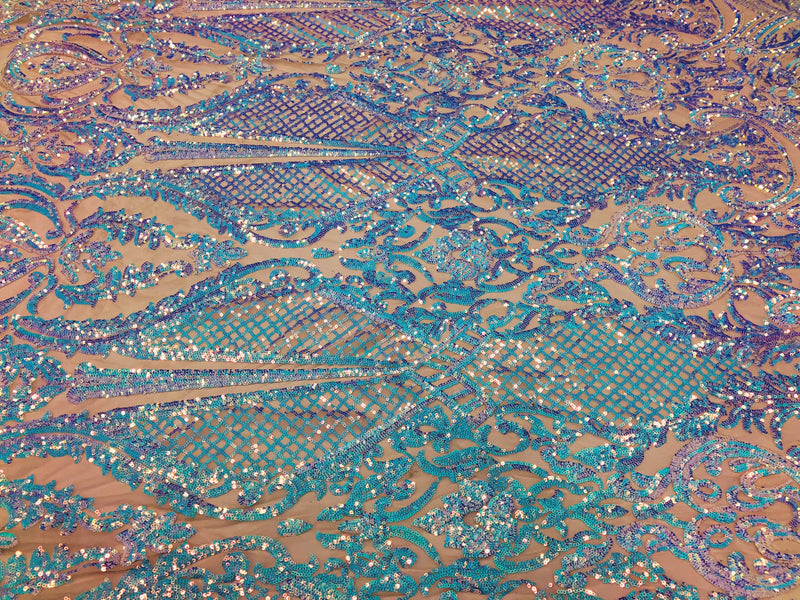 Iridescent Sequins, Iridescent Aqua 4 Way Stretch Damask Design Fabric On Stretch Mesh By The Yard
