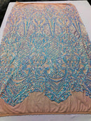 Iridescent Sequins, Iridescent Aqua 4 Way Stretch Damask Design Fabric On Stretch Mesh By The Yard
